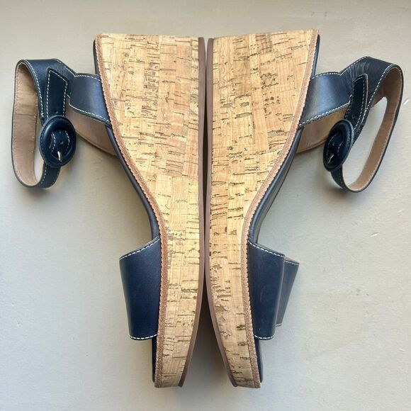 Bernardo Anthropologie Navy Blue Leather Cork Wedge Sandals Ankle Strap Women 9 - Picture 5 of 16